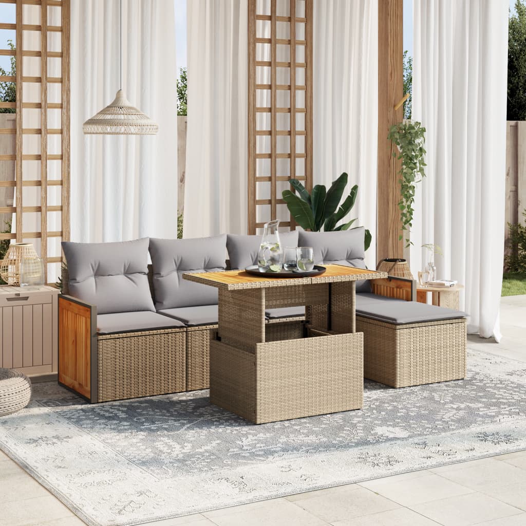 sofasæt til haven 6 dele med hynder polyrattan beige