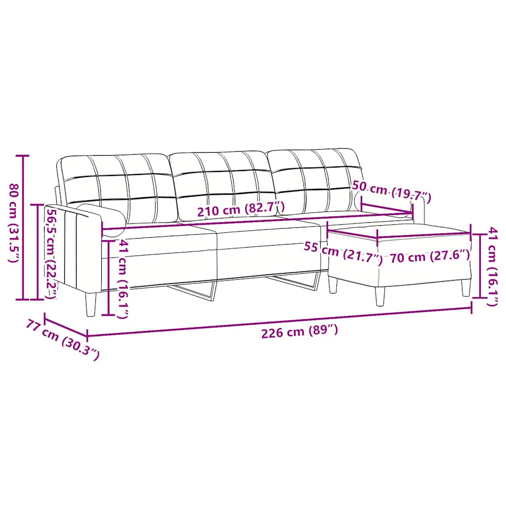 3-personers sofa med fodskammel 210 cm velour brun