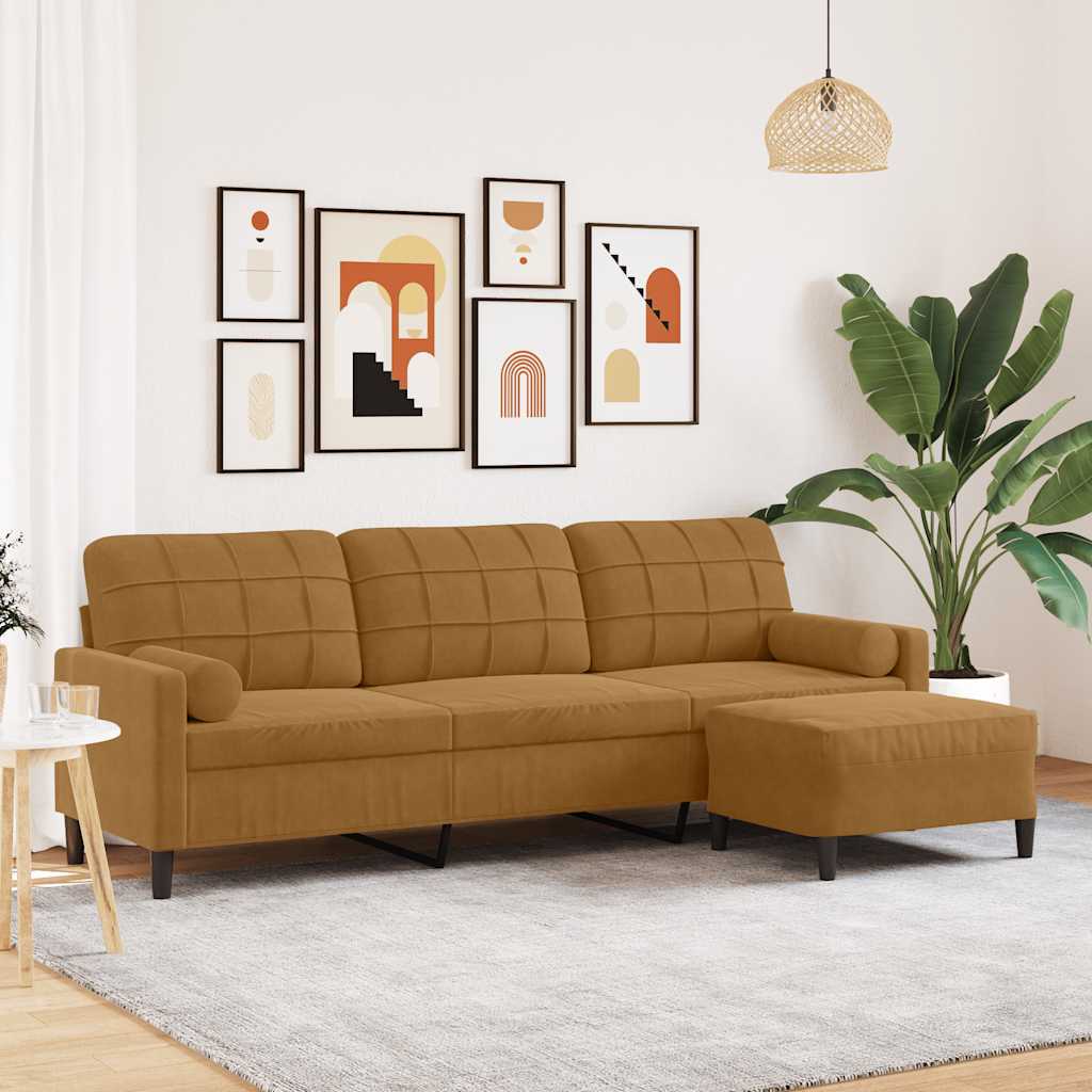 3-personers sofa med fodskammel 210 cm velour brun