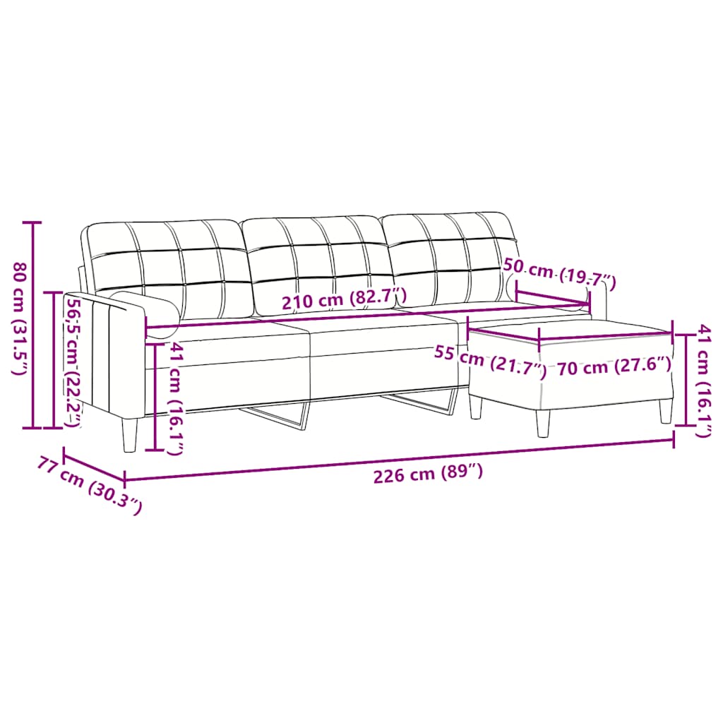 3-personers sofa med fodskammel 210 cm velour cremefarvet