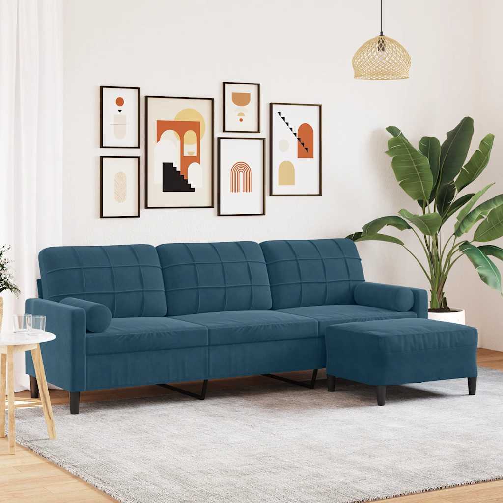 3-personers sofa med fodskammel 210 cm velour blå
