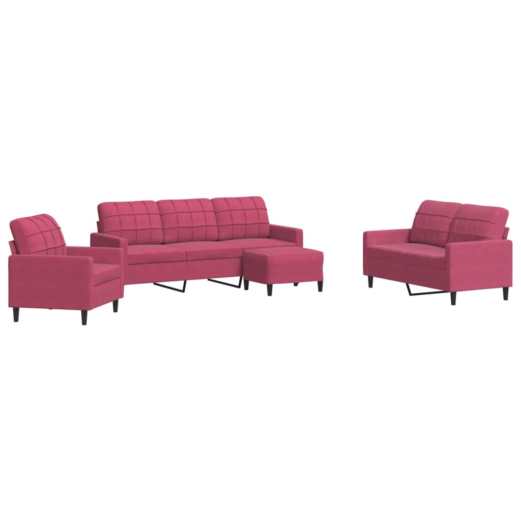 sofasæt 4 dele med hynder velour vinrød