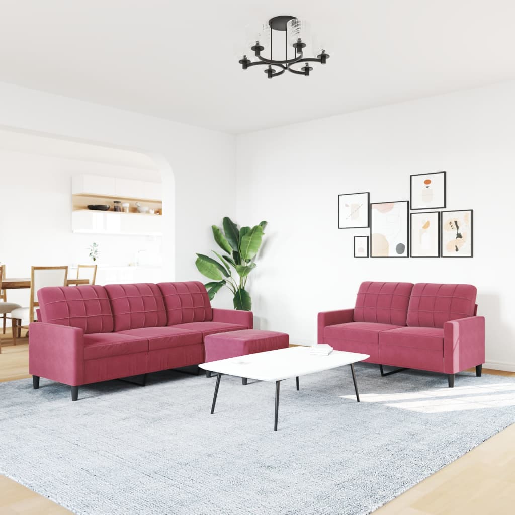 sofasæt 2 dele med hynder velour vinrød