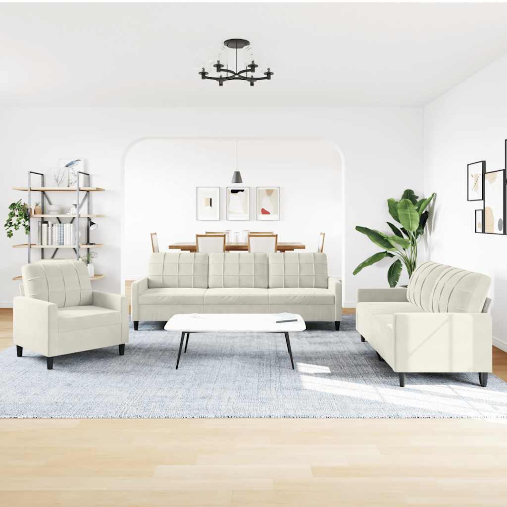 sofasæt 3 dele med hynder velour cremefarvet