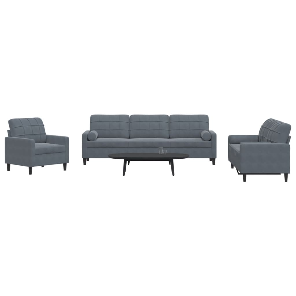 sofasæt 3 dele med hynder og bolsterpuder velour mørkegrå