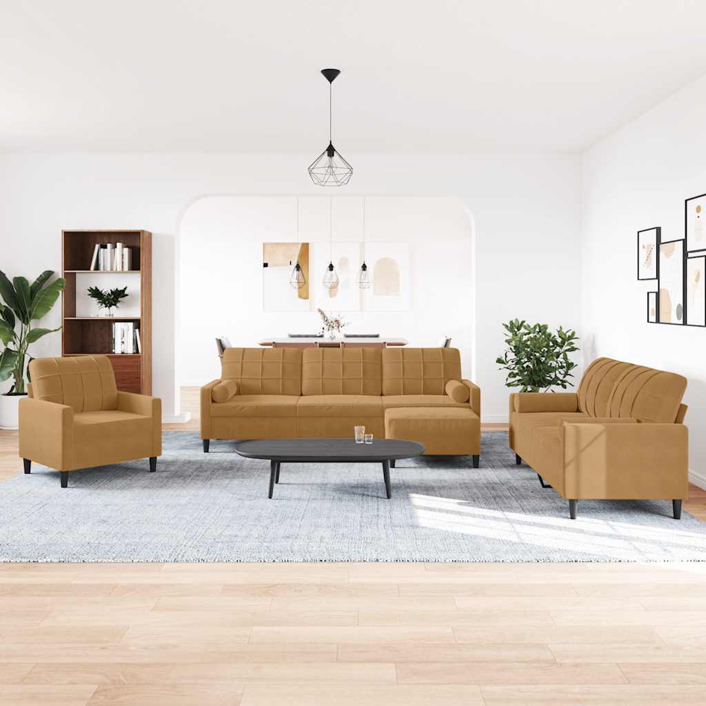 sofasæt 4 dele med hynder og bolsterpuder velour brun