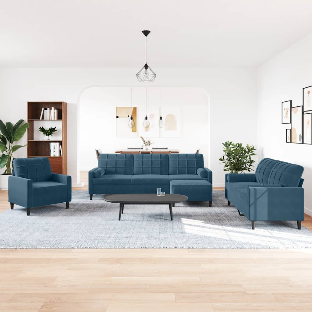sofasæt 4 dele med hynder og bolsterpuder velour blå