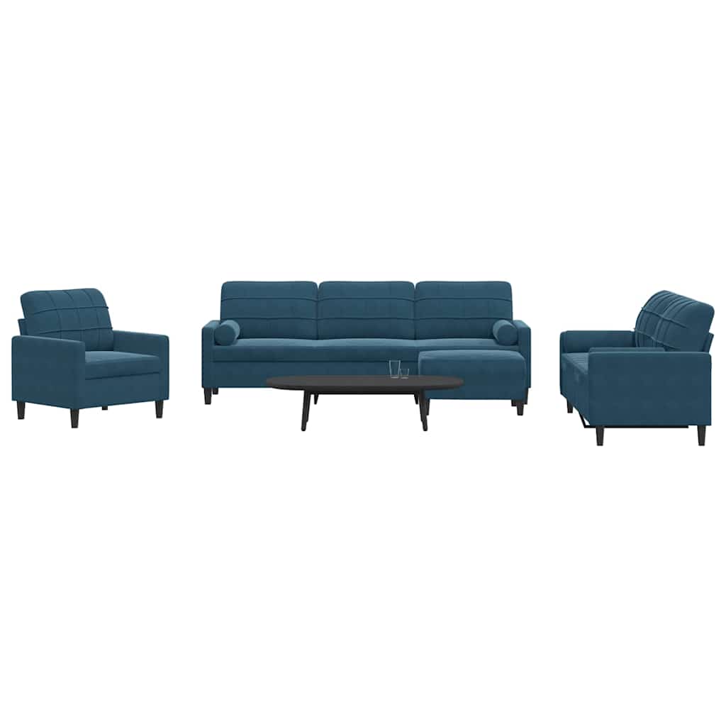 sofasæt 4 dele med hynder og bolsterpuder velour blå