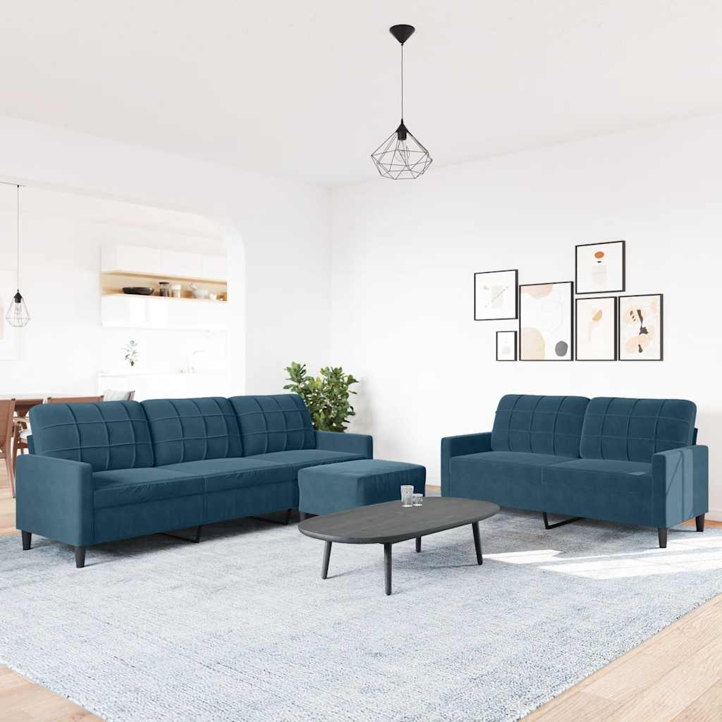 sofasæt 3 dele med hynder velour blå