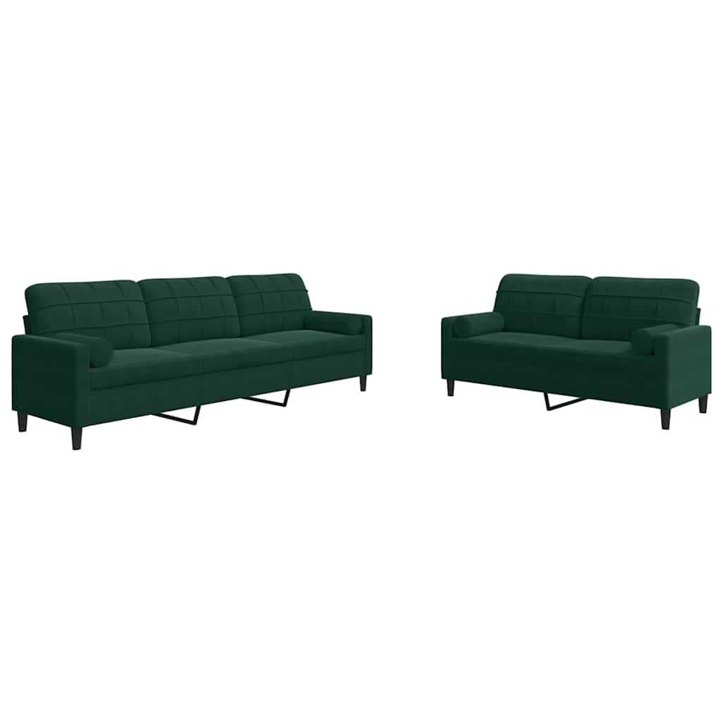 sofasæt 2 dele med hynder og bolsterpuder velour mørkegrøn