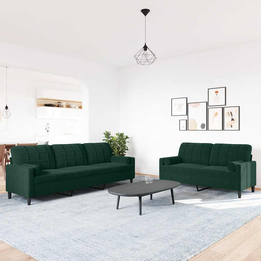 sofasæt 2 dele med hynder og bolsterpuder velour mørkegrøn