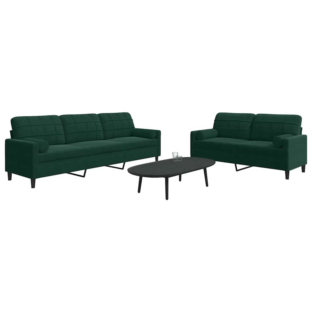sofasæt 2 dele med hynder og bolsterpuder velour mørkegrøn