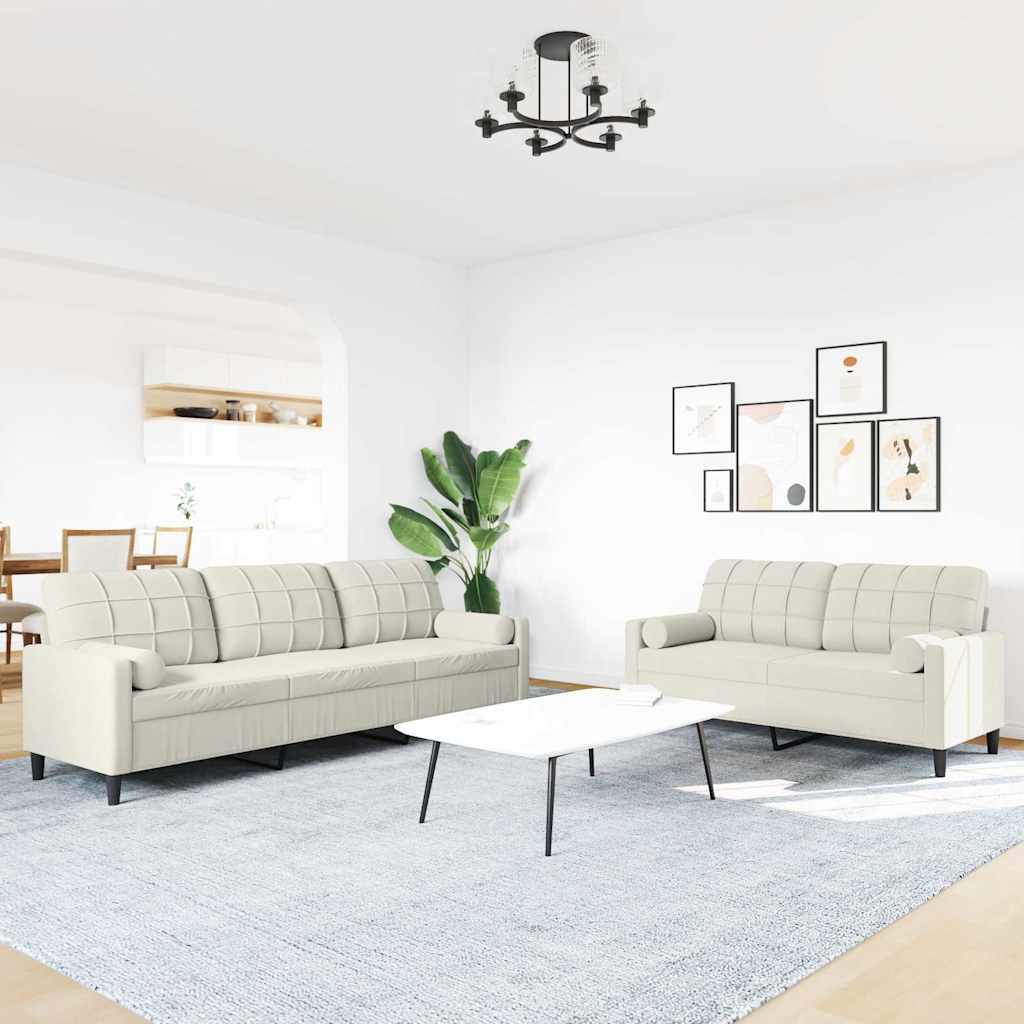 sofasæt 2 dele med hynder og bolsterpuder velour cremefarvet