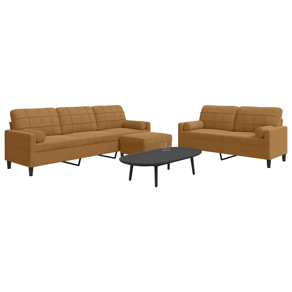 sofasæt 3 dele med hynder og bolsterpuder velour brun
