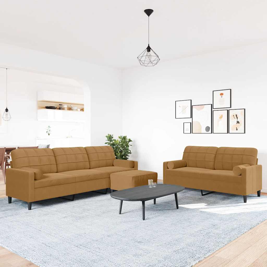 sofasæt 3 dele med hynder og bolsterpuder velour brun