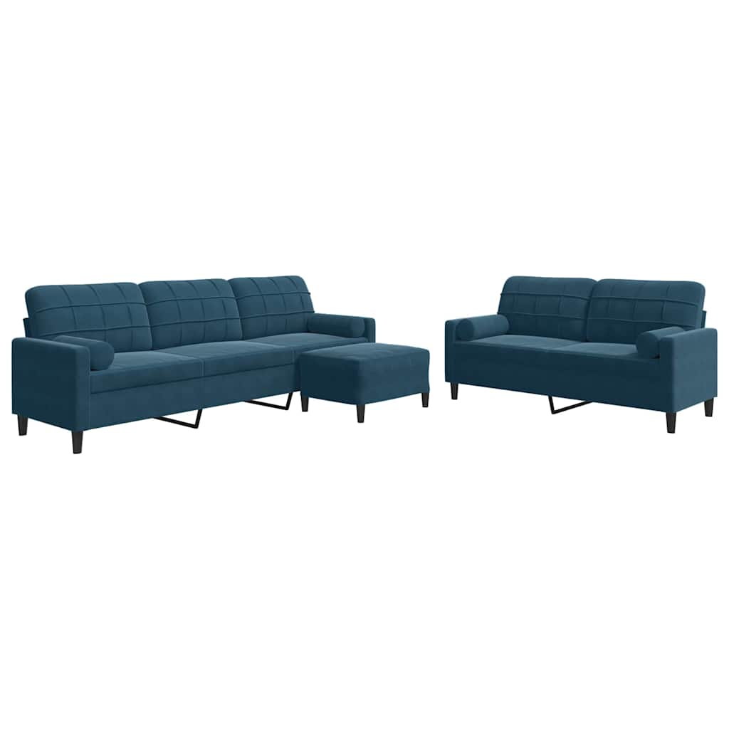 sofasæt 3 dele med hynder og bolsterpuder velour blå