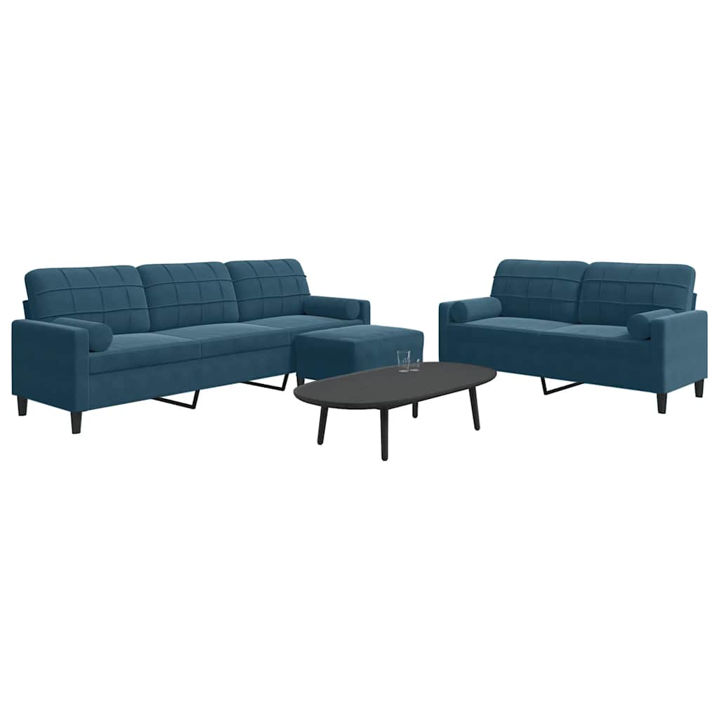 sofasæt 3 dele med hynder og bolsterpuder velour blå