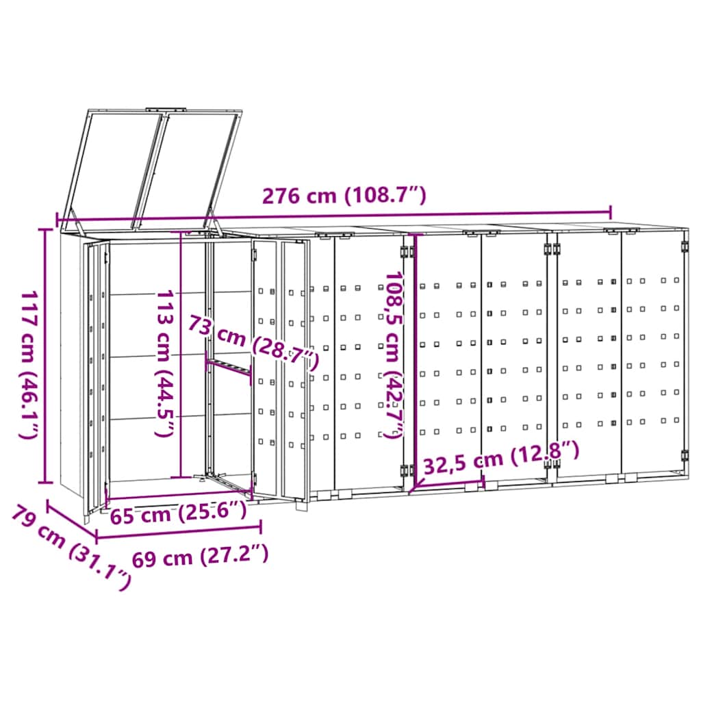 skraldespandsskjuler 276x79x117 cm 4 rum stål sort