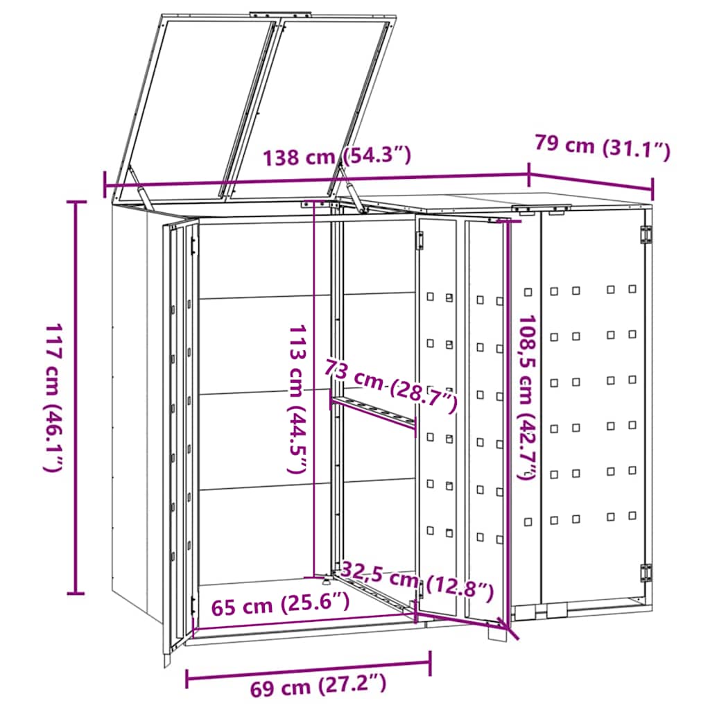 skraldespandsskjuler 138x79x117 cm 2 rum stål antracit