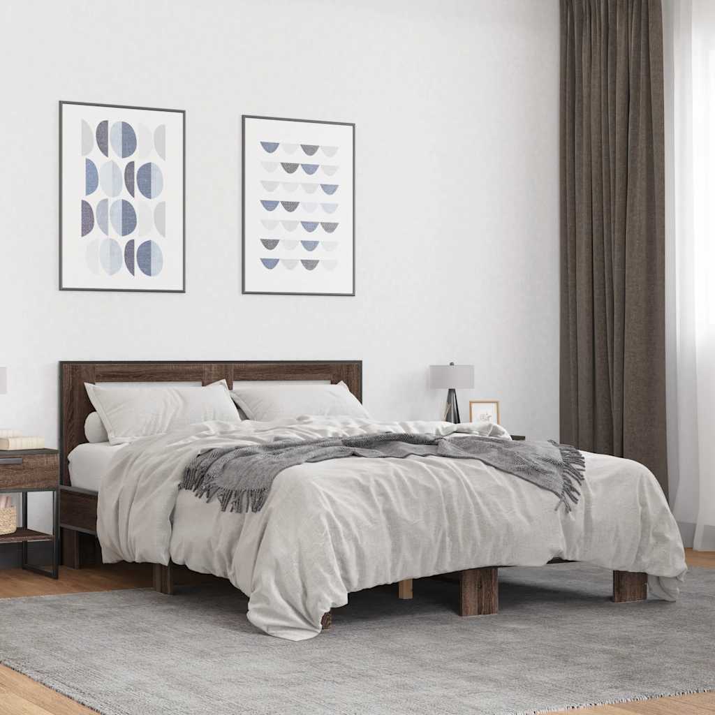 sengestel 140x190 cm konstrueret træ og metal brun egetræsfarve