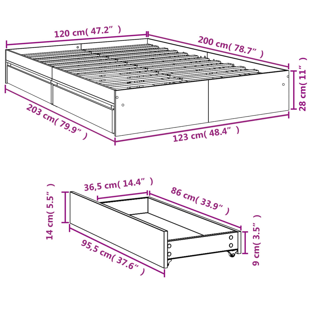 sengeramme med skuffer 120x200 cm konstrueret træ betongrå