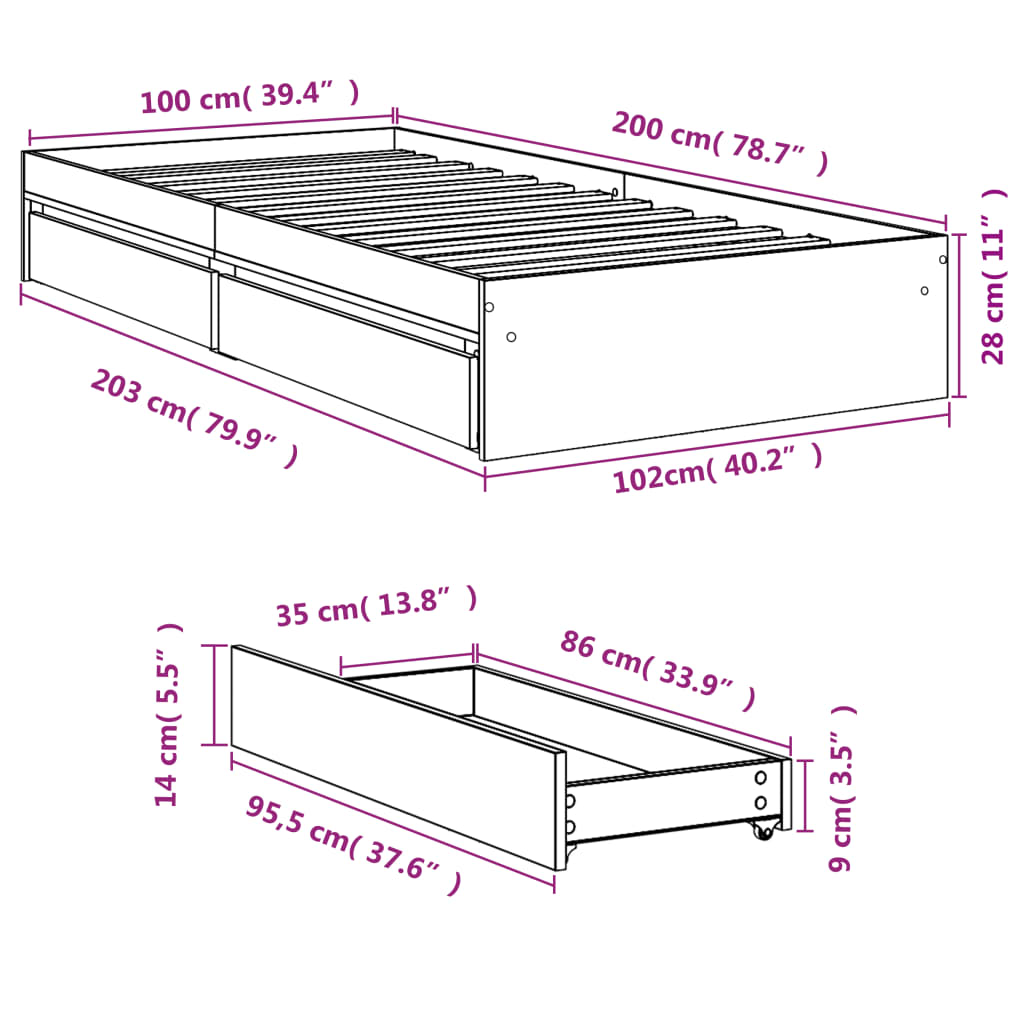 sengeramme med skuffer 100x200 cm konstrueret træ betongrå