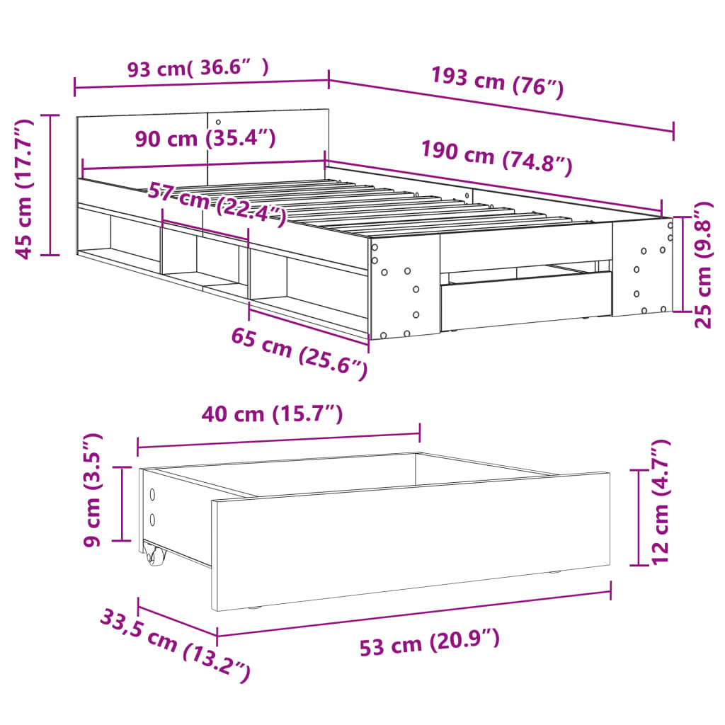 sengeramme med skuffe 90x190 cm konstrueret træ hvid
