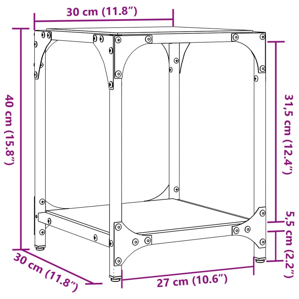 sofabord med transparent glastop 30x30x40 cm stål