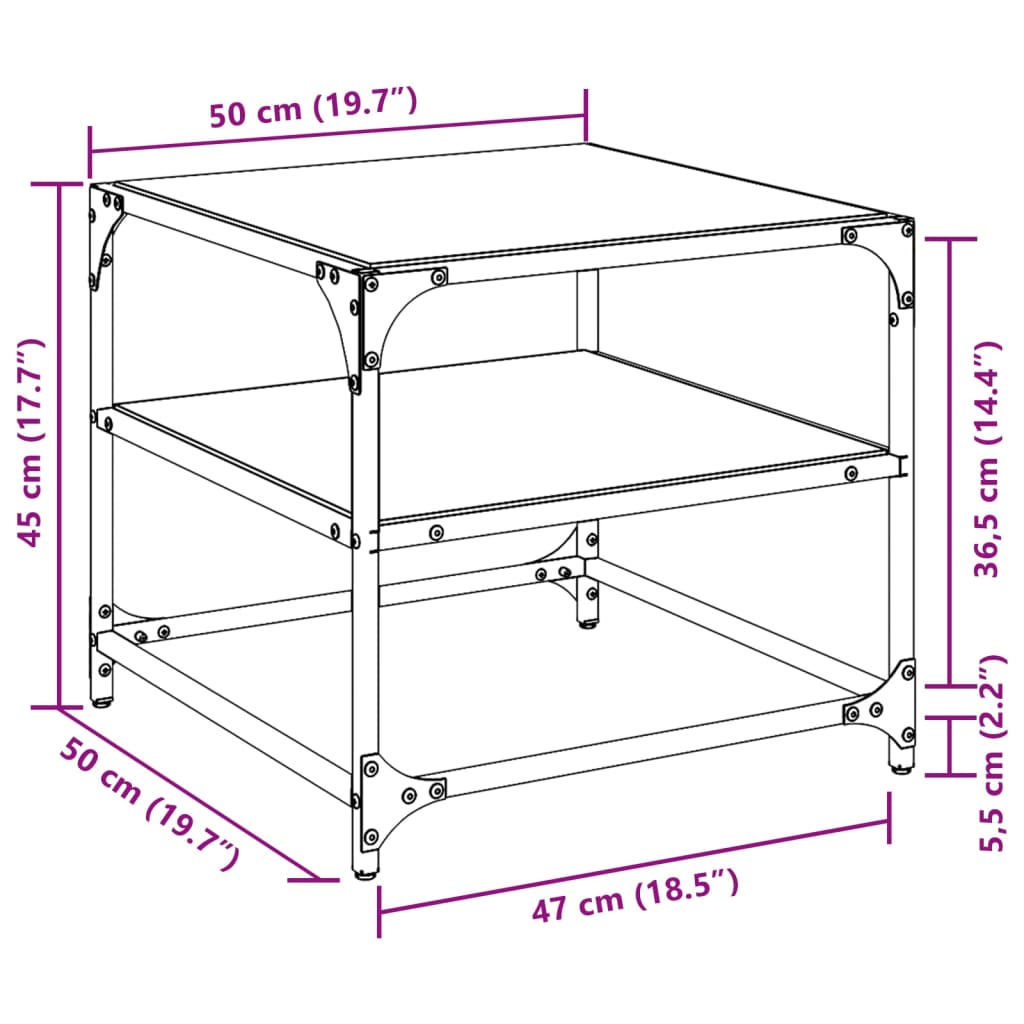 sofaborde med transparent glastop 2 stk 50x50x45 cm stål