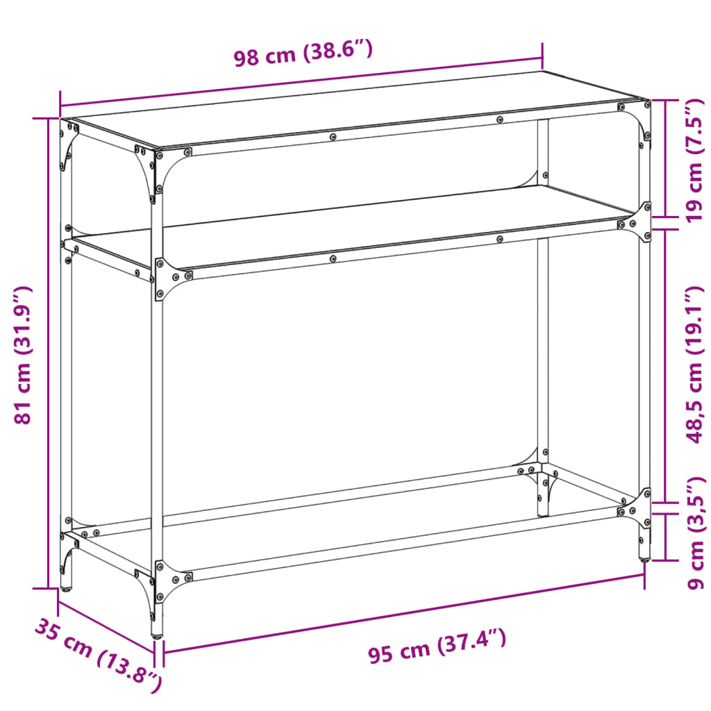 konsolbord med sort glastop 98x35x81 cm stål