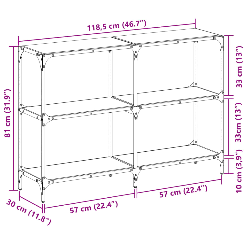 konsolbord med sort glastop 118,5x30x81 cm stål