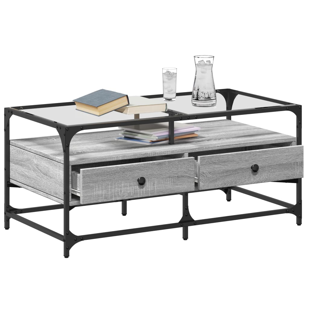 sofabord med glasplade 98,5x50x45 cm grå sonoma-eg