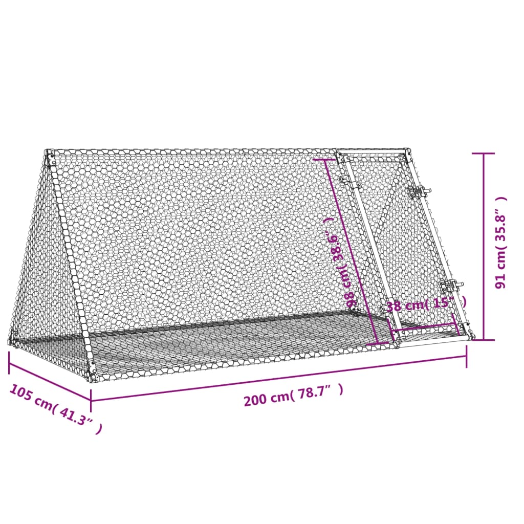 kaninbur 200x105x91 cm galvaniseret stål sølvfarvet