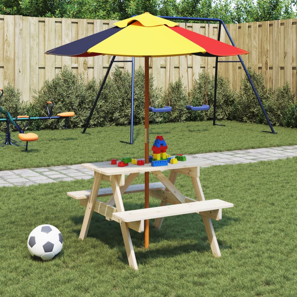 picnicbord til 4 børn m. parasol massivt grantræ