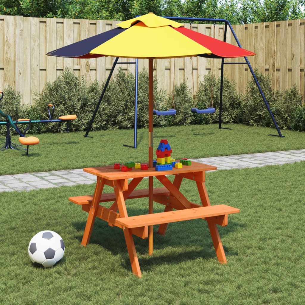 picnicbord til 4 børn m. parasol massivt grantræ