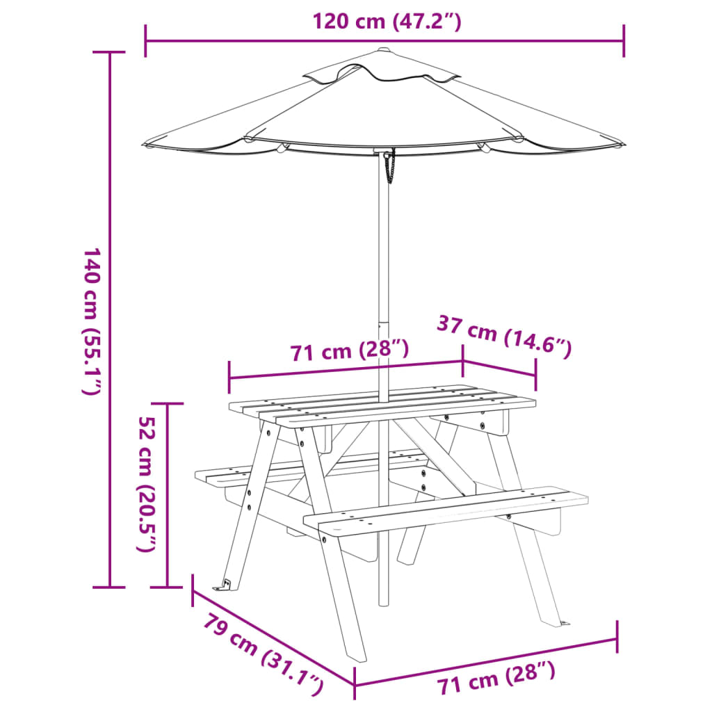 picnicbord til 4 børn m. parasol massivt grantræ