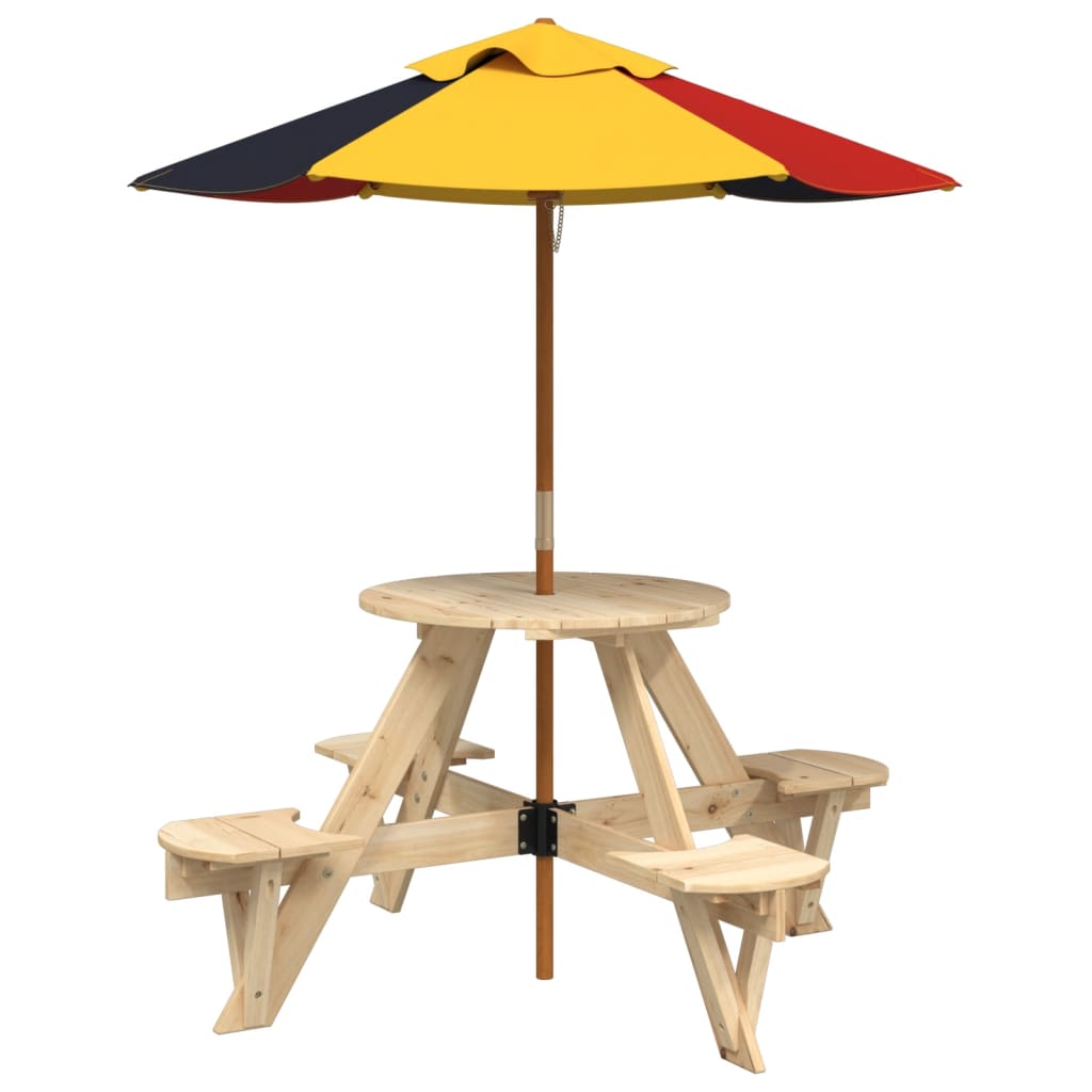 picnicbord til 4 børn m. parasol rundt massivt grantræ