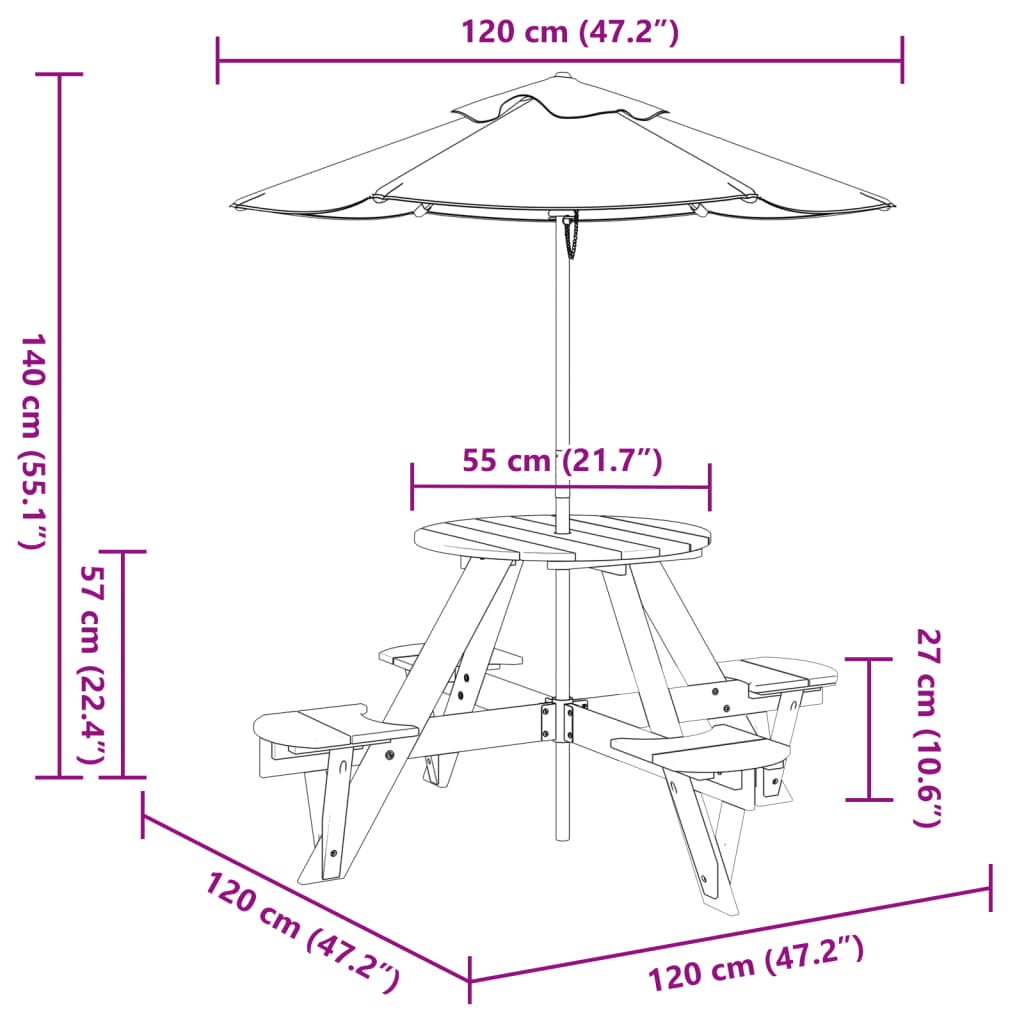picnicbord til 4 børn m. parasol rundt massivt grantræ