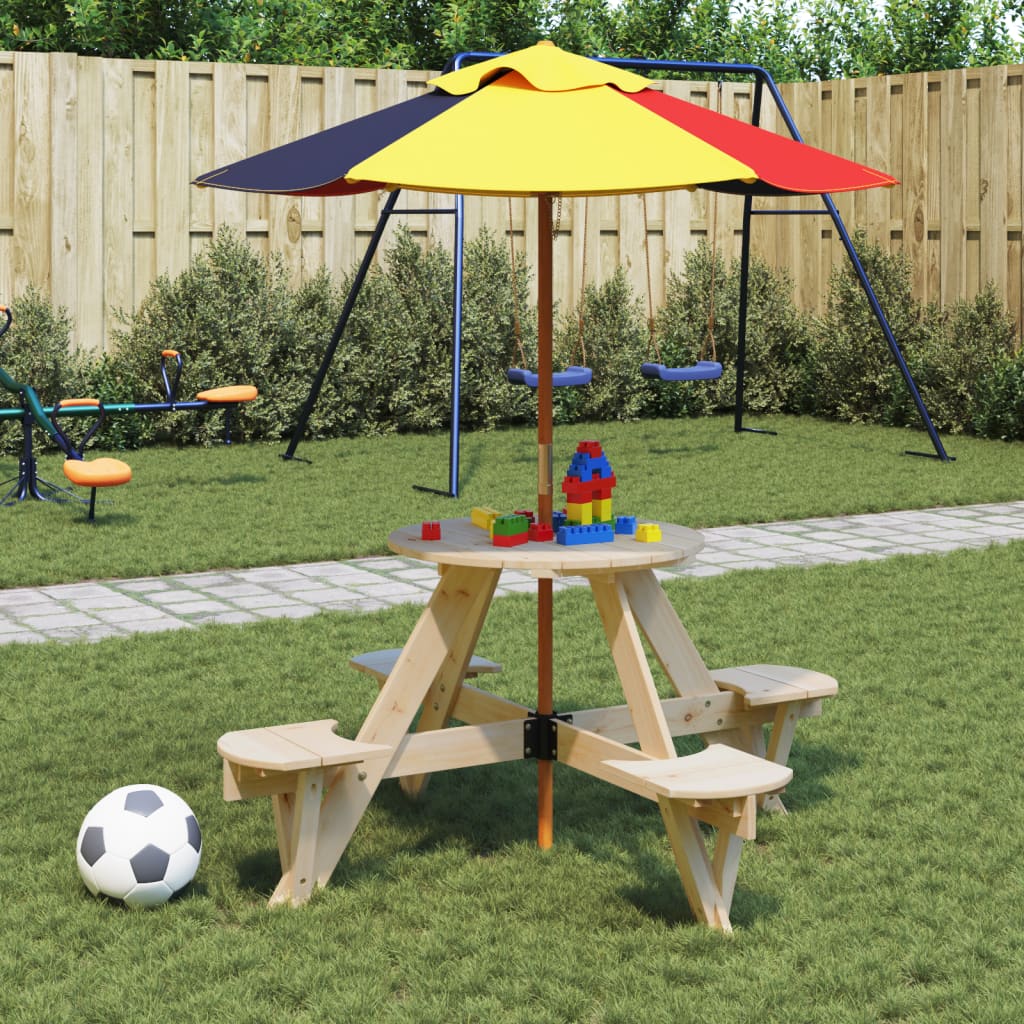 picnicbord til 4 børn m. parasol rundt massivt grantræ