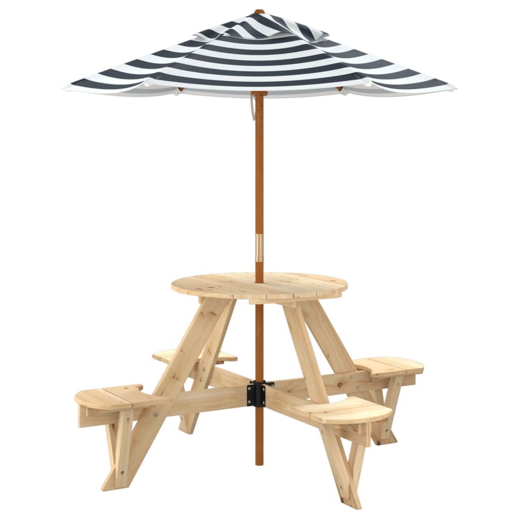 picnicbord til 4 børn m. parasol rundt massivt grantræ