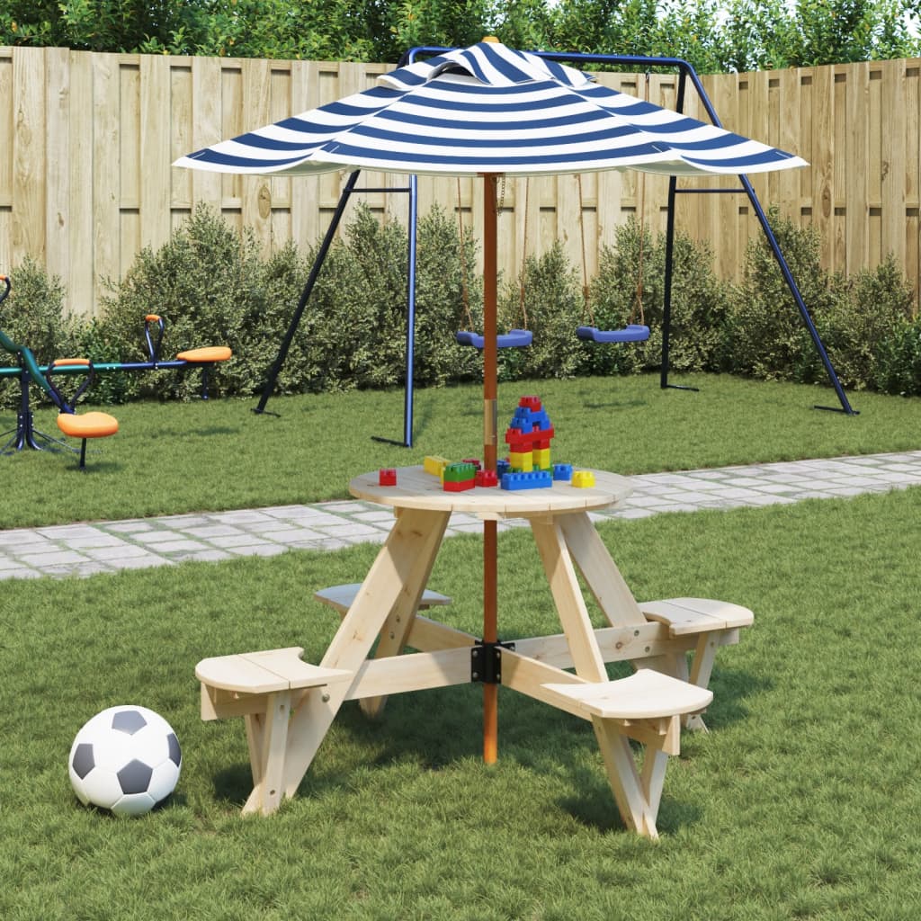 picnicbord til 4 børn m. parasol rundt massivt grantræ
