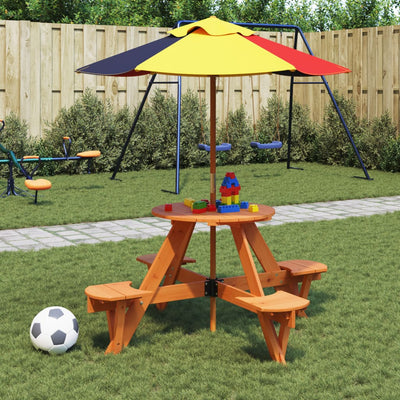 picnicbord til 4 børn m. parasol rundt massivt grantræ