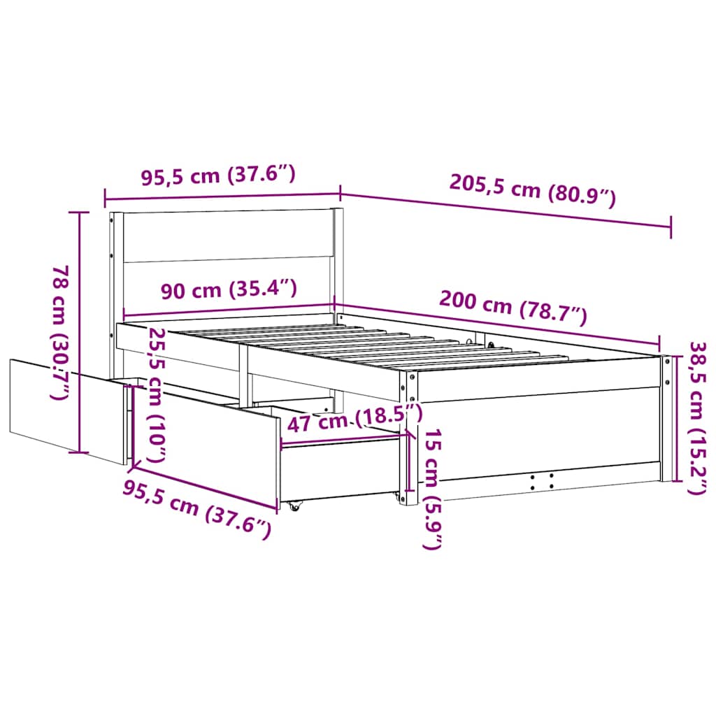 sengeramme uden madras 90x200 cm massivt fyrretræ