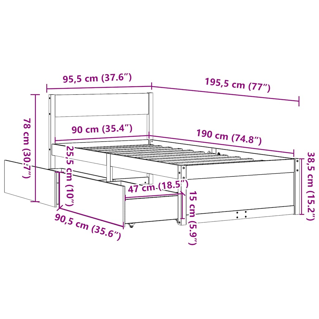 sengeramme uden madras 90x190 cm massivt fyrretræ