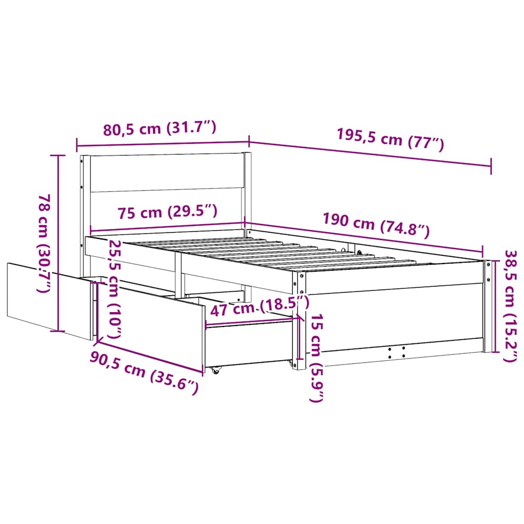 sengeramme uden madras 75x190 cm massivt fyrretræ