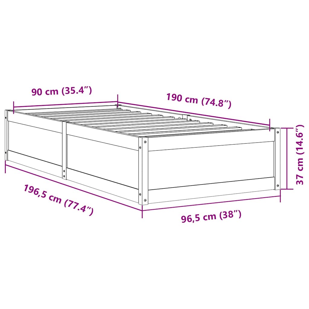sengeramme uden madras 90x190 cm massivt fyrretræ