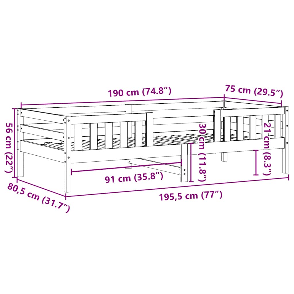 sengeramme uden madras 75x190 cm massivt fyrretræ