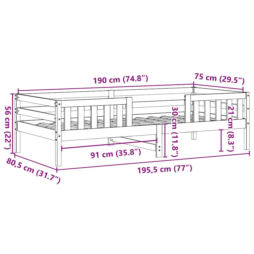 sengeramme uden madras 75x190 cm massivt fyrretræ hvid