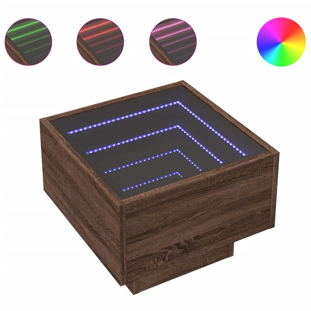 sidebord med LED-lys 40x40x30 cm konstrueret træ brunt eg