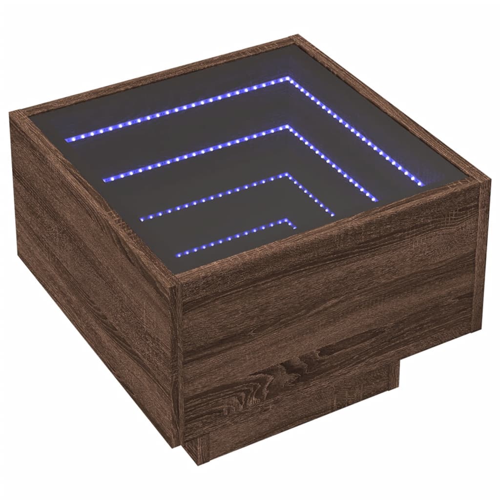 sidebord med LED-lys 40x40x30 cm konstrueret træ brunt eg
